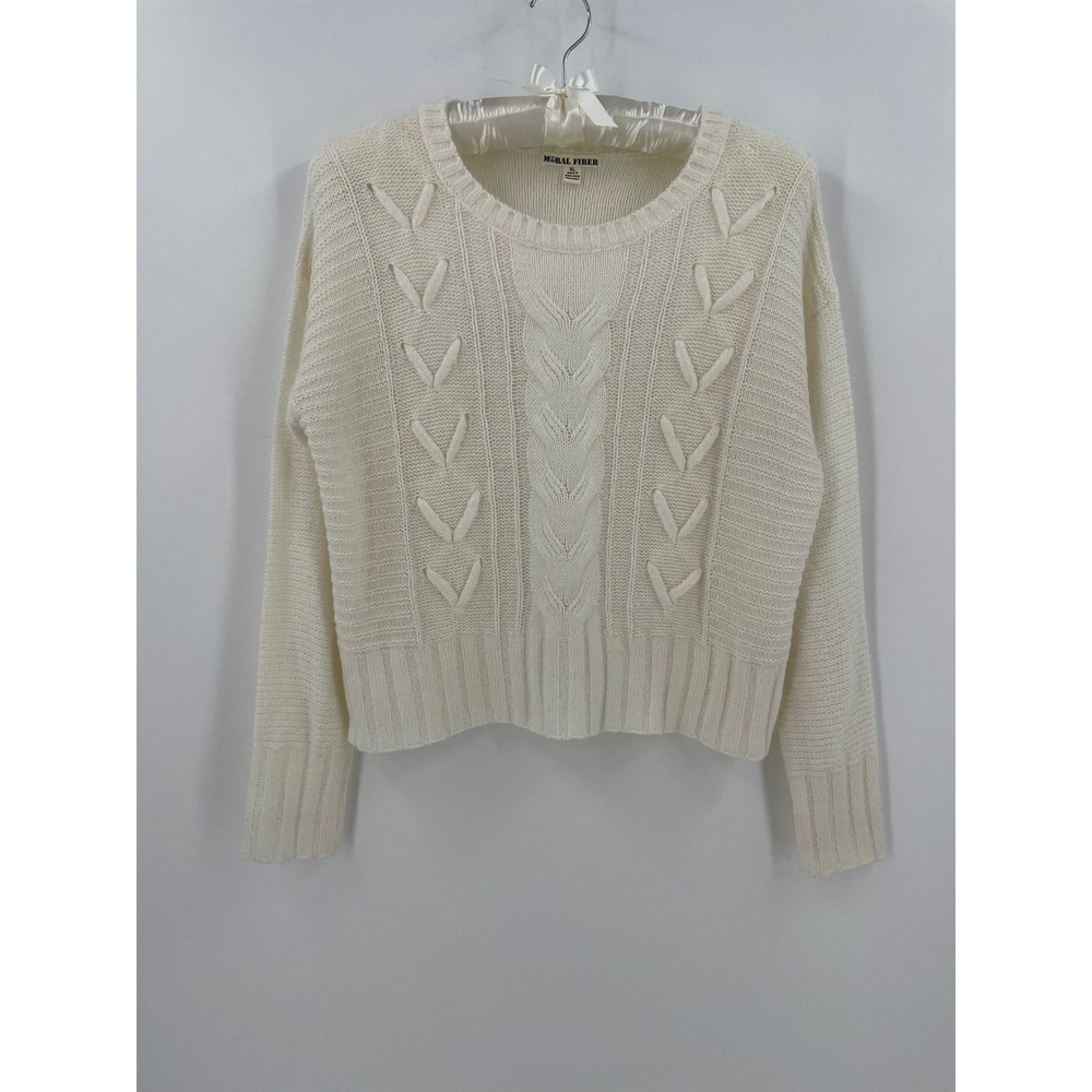 Moral Fiber Ivory Lightweight Open Cable Knit Cropped Crew Neck Sweater XL